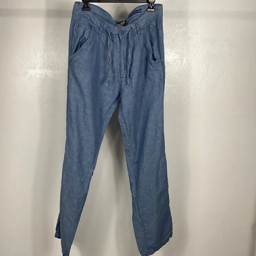 The Point Zero Experience Blue Cotton Linen Blend Roll Up Travel Pants